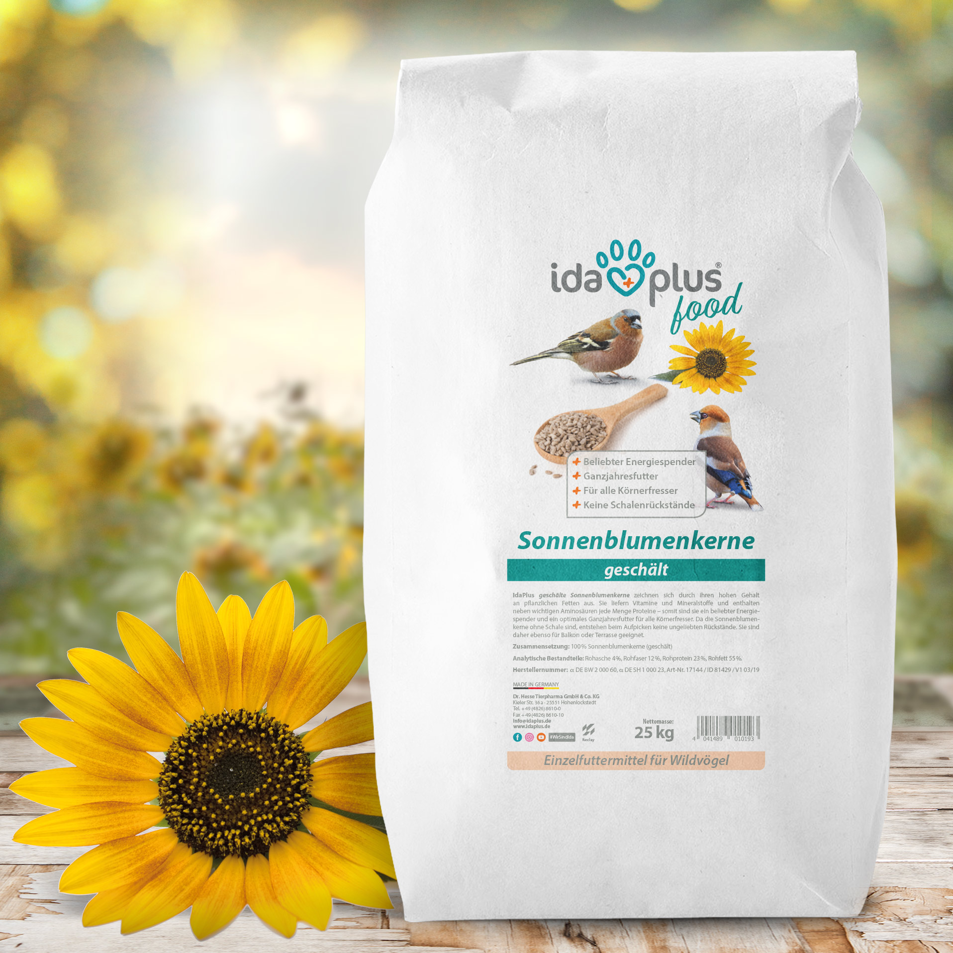 Ida Plus Geschälte Sonnenblumenkerne 25 kg Vogelfutter für